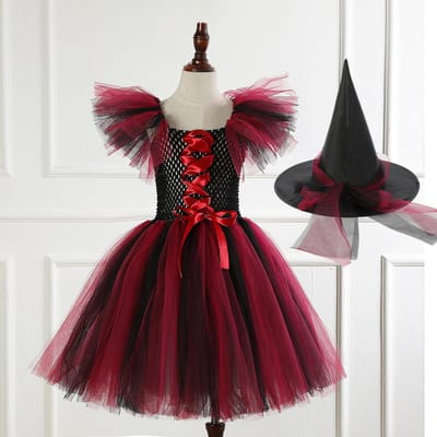 Costume de Sorcière Noir Violet pour Filles Halloween Maille Vampires Maléfiques Robe pour Filles Vêtements de Fête Carnavalesque Pour Enfants Robe de Bal Déguisement 2-3Y rouge vin