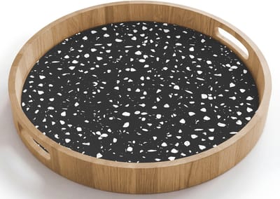 Dienblad rond 40x40 cm - Schootdienblad hout - Terrazzo - Patroon - Zwart - Wit - Borrelplank rechthoek - Plateau houten dienbladen