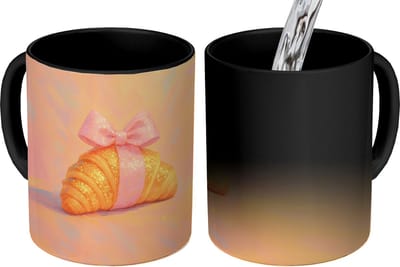 Magische Mok - Foto op Warmte Mokken - Koffiemok - Croissant - Strik - Roze - Magic Mok - Beker - 350 ML - Theemok