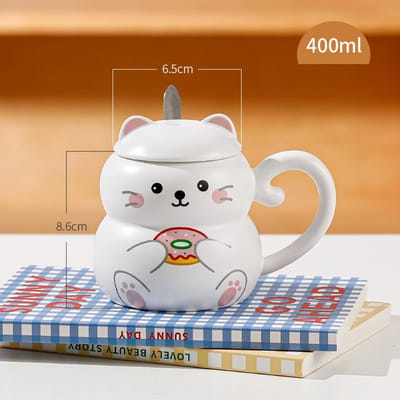 Cartoon Dierenvormige Beker met Deksel en Lepel Leuke Thuis Ontbijt Melkbeker Kantoor Keramische Waterbeker 400ml white