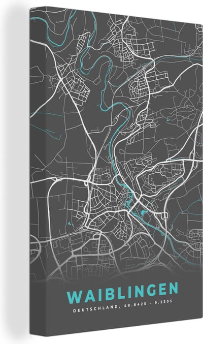 Canvas Schilderij Duitsland – Blauw – Waiblingen – Stadskaart – Kaart – Plattegrond - 20x30 cm - Wanddecoratie