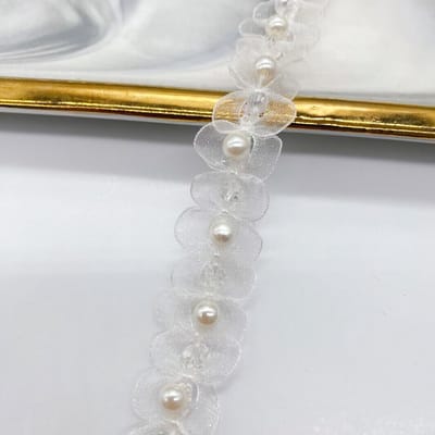 Witte Kanten Rand met Parels 2 cm - Decoratieve Tulle Band voor DIY en Creatieve Projecten
