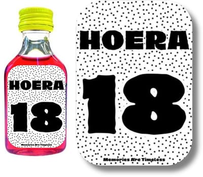 Hoera 18 Etiket voor Shotjes – 3x4 cm – 30 stuks per vel – Feestelijke mini flesjes sticker