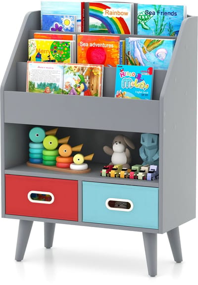 COSTWAY Boekenkast voor kinderen, kinderrek met 3 planken en open vak en 2 stoffen laden, kinderkamerrek, hout, kantelbeveiliging, speelgoedorganizer voor klaslokaal en kinderkamer (grijs)