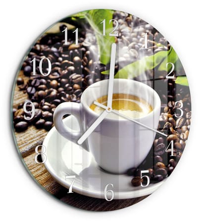Tulup Wandklok - Kopje koffie Glazen Wandklok Design - 30fi cm - Veelkleurig Klok Glas Met Opdruk - Witte Handen - Ronde Wandklok - Wandklok Glas Decoratie - Gekleurde Glazen Klok