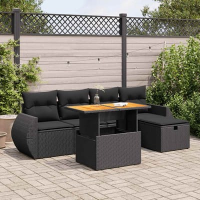 vidaXL - 6-delige - Loungeset - met - kussens - poly - rattan - acacia - zwart