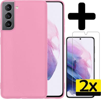 Hoesje - Met 2x Screenprotector - Geschikt voor Samsung Galaxy S21 - Sterk & Shockproof - Back Cover - Siliconen Case - Telefoon Hoes - Telefoonhoesjes - Roze