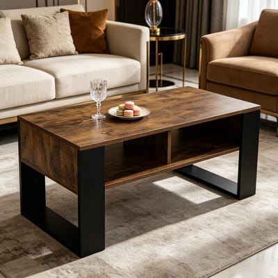 OKWISH Salontafel - Open Opbergruimte - Voor Woonkamer En Bankhoek - Hout Zwart En Rustiek Bruin - 90 x 45 x 45 cm