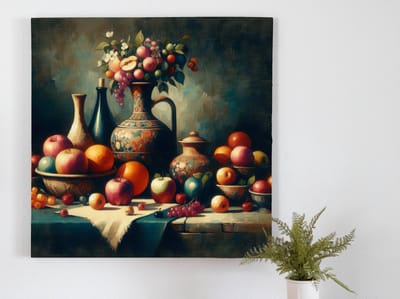 Olieverf stilleven schilderij | Stilte in olieverf: een meesterwerk van stilstaande objecten en kleuren | Kunst - 50x50 centimeter op Dibond | Foto op Dibond