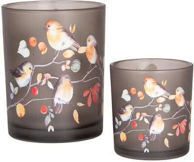 Clayre & Eef Theelichthouder Set van 2 Ø 7x8 / 10x13 cm Grijs Glas Vogels op Takken