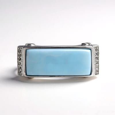 Cavill - Zilveren Ring - 925 Sterling Zilver Rhodium - Larimar Baguette Cabochon 4,1 ct Dominicaanse Republiek - Witte Topaas Pave - Elegant Sieraad
