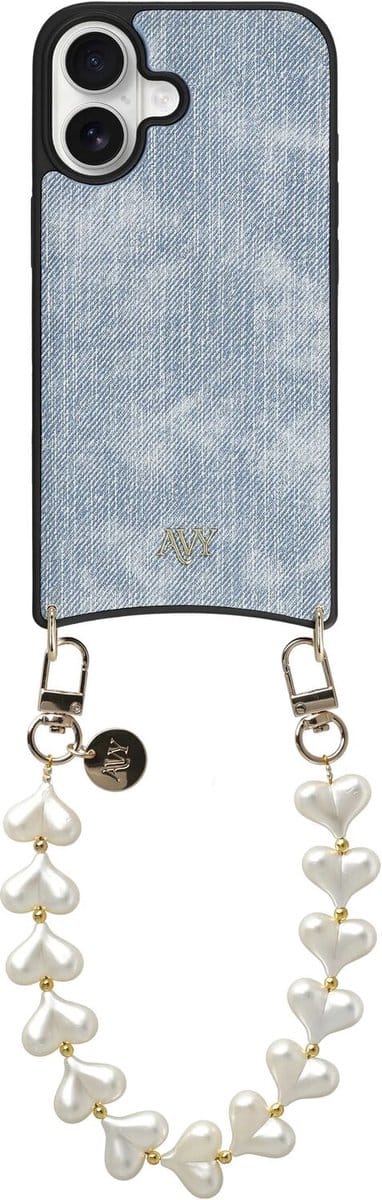 AVY Hoesje Geschikt voor Apple iPhone 17 | Compatibel met MagSafe | Kunstleren Case met Telefoonkoord | Polsband | Denim | Cupid Pearl