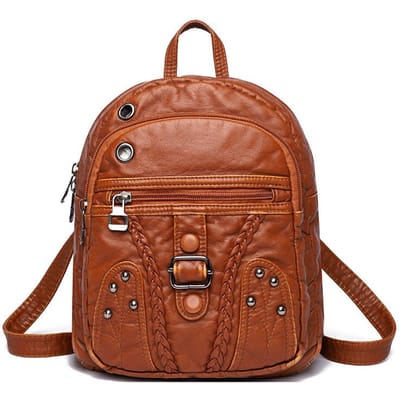 Retro Zachte Leren Dameshandtas Klinknagel Sluiting Gevlochten Dames Schoudertas Hoofdtelefoonaansluiting Rugzak Rits brown