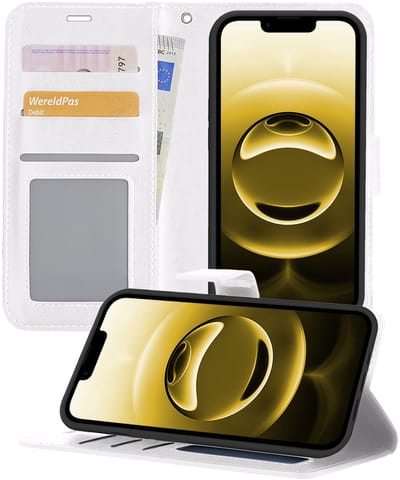 Hoesje - Met Pasjeshouder - Geschikt voor Apple iPhone 16e - Luxe Bookcase Portemonee - Flip Case - Kunstleer Book Case - Flipcase - Book Cover - Walletcase - Portemonneehoes - Telefoonhoesjes - Wit