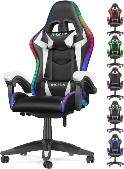 Bigzzia Ergonomische gamingstoel met LED-verlichtingseffecten, verstelbare rugleuning, LED-gamingstoel met lendensteun en hoofdsteun, bureaustoel voor volwassenen en kinderen