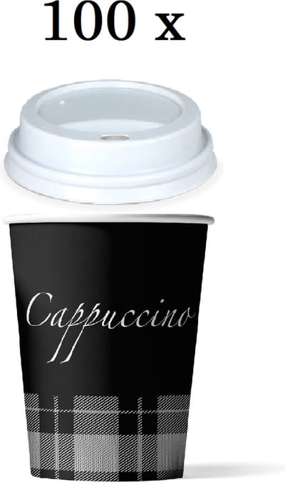 100 x Koffiebeker Karton 80mm 240ml 8oz Zwart Cappuccino + witte deksels