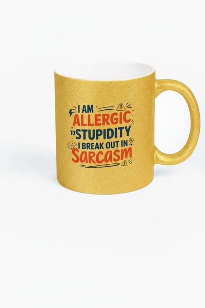 Gouden Glitter Mok "Allergisch voor Stupidity" - Grappige Koffiemok Cadeau