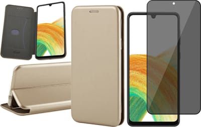Hoesje geschikt voor Samsung Galaxy A33 - Book Case Kunstlederen Wallet Cover Minimalistisch Pasjeshouder Hoes Goud - Tempered Glass Privacy Screenprotector