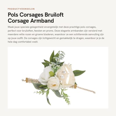 Dailygoods- Polscorsage Elegante Witte Rozen - Corsages Bruiloft - Corsages Huwelijk - Decoratieve Bloem - ABS Materiaal - 18x10x5cm - Corsage