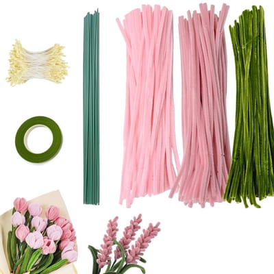 300 Stuks Chenille Pijpenragers Set voor Creatieve Knutselprojecten met Stofbak, Lint en Groene Stok voor DIY Decoratieve Cadeaus (Roze)