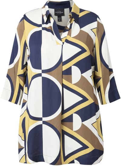 Ulla Popken - Dames - Satijnen tuniek grafische print overhemdkraag 3/4-mouw - Donkermarine - Maat 50+
