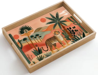 Dienblad hout 50x35 cm - Schootdienblad - Tijger - Palmen - Cactus - Oranje - Borrelplank rechthoek - Plateau dienbladen