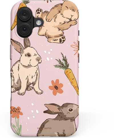 Casetastic hoesje geschikt voor Apple iPhone 16 - MagSafe - Dubbellaagse bescherming - Hop hop knuffels - Fashion Case - Lichtroze Lichtgrijs Taupe Perzik