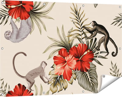 Gards Tuinposter Tropische Bloemen met Apen Achtergrond - 120x80 cm - Tuindoek - Tuindecoratie - Wanddecoratie buiten - Tuinschilderij