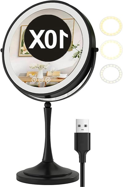 Make-up spiegel - Vergrotende spiegel - Gezichtsverzorging - 3-kleuren dimbaar licht - 10 inch - Zwart