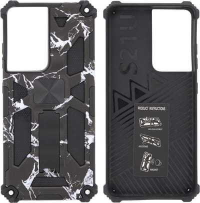 Hoesje Geschikt Voor Samsung Galaxy S21 Ultra Hoesje - Rugged Extreme Backcover Marmer Camouflage met Kickstand - Zwart