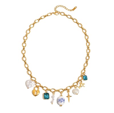 Marama - Schakelketting Goud - Bedels Blue Flowers - Damesketting