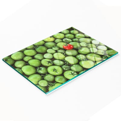 Decoratieve glazen snijplank voor in de keuken, met de afbeelding van een rijpe tomaat, 80x52 cm
