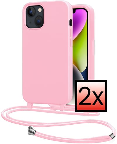 Hoes Geschikt voor iPhone 13 Mini Met Telefoonkoord - Siliconen Hoesje Backcover Met Ketting - Lichtroze - 2 PACK