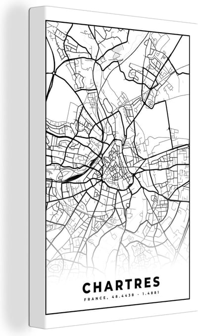 Canvas Schilderij Frankrijk – Kaart – Plattegrond – Stadskaart - Chartres - Zwart wit - 20x30 cm - Wanddecoratie