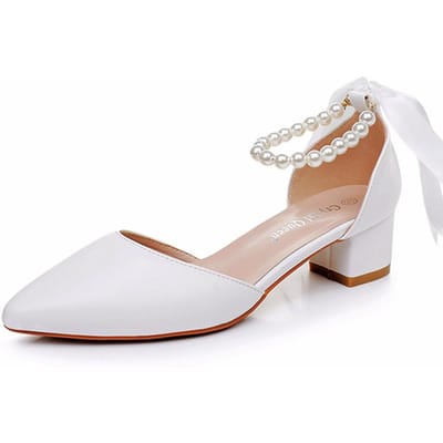 4cm Middelhoge en Lage Hak Puntige Neus Holle Sandalen Dikke Hak Kralen Dames Schoenen Wit Mat PU 35 white