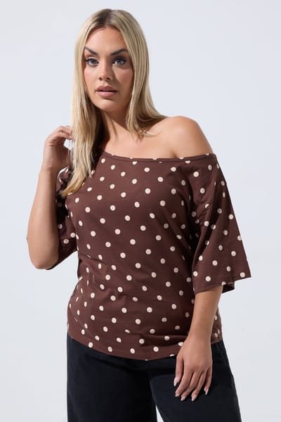 Limited Collection Chocoladebruin Tshirt Met Stippen En Blote Schouders Size 38