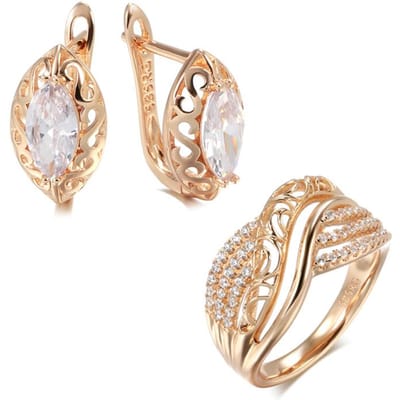 Ensembles Boucles d'Oreilles Bague Mariage Mariée Ethnique de Luxe Or Rose Fleur Creuse Zircon Naturel Tendance Vintage Bijoux Quotidien 7 beige