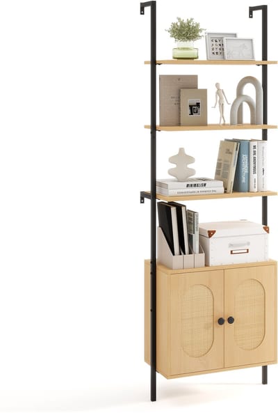 COSTWAY Boekenkast met 3 niveaus met rotankast, 184 cm, ladderrek, wandmontage, open presentatierek met metalen frame en verstelbare planken voor woonkamer, kantoor, 60 x 30 x 184 cm