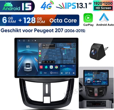 Junsun Android 15 Autoradio Geschikt voor Peugeot 207 CC 2006-15, 6GB+128GB, Draadloze CarPlay & Andriod Auto met achteruitrijcamera, DAB+, GPS-Navigatiesystem, WIFI & 4G , Bluetooth, RDS, FM, SWC, 13.1-inch 2K Touchscreen, DSP, Octa-core processor