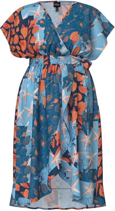 Ulla Popken - Dames - Kaftan met wikkellook zeemotieven strikbandje zoomvolant - Blauw - Maat 3+
