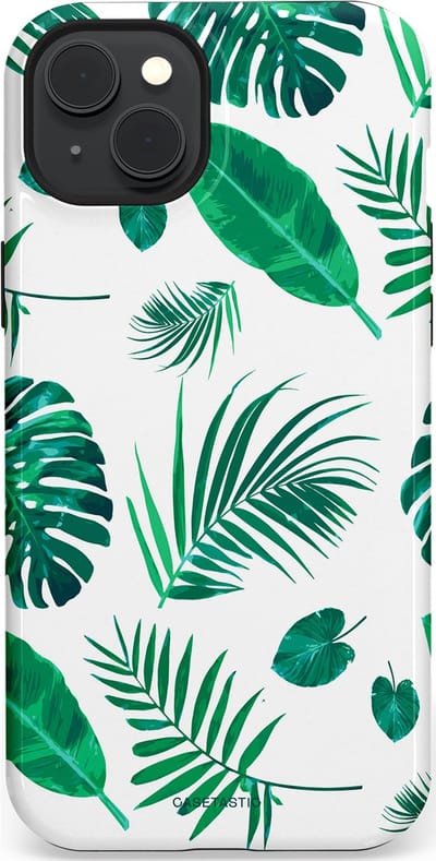 Casetastic Hoesje Geschikt voor Apple iPhone 15 Plus Magsafe - Stijlvolle Beschermende Duo-layer Case - Groene Witte Jungle Bladeren Print