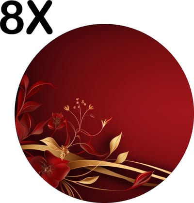Luxe Ronde Placemat - Gouden en Rode Bloemen - Lint - Set van 8 Placemats - 50x50 cm - 2 mm dik Vinyl - Anti Slip - Afneembaar