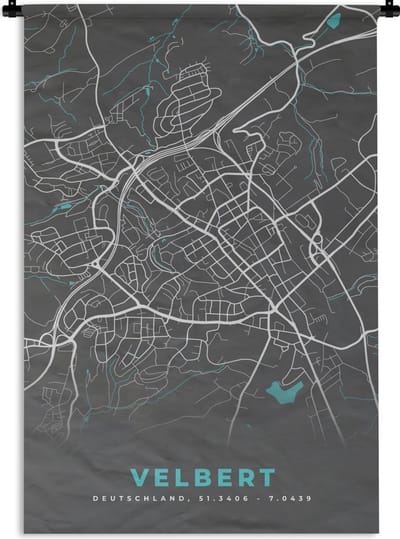 Wandkleed - Wanddoek - Plattegrond – Velbert – Blauw – Stadskaart – Kaart - Duitsland - 120x180 cm - Wandtapijt