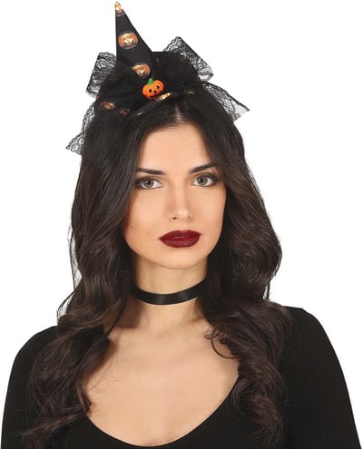 Halloween heksenhoed - mini hoedje op diadeem - one size - zwart/oranje - meisjes/dames - verkleed accessoires