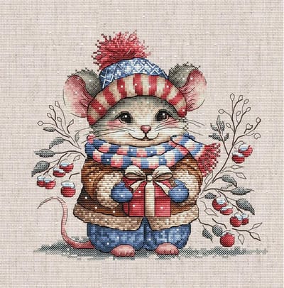 Borduurpakket AVA stitch - Little Mouse with a Scarf - En kleine muis met een Das - 095 - Telpatroon