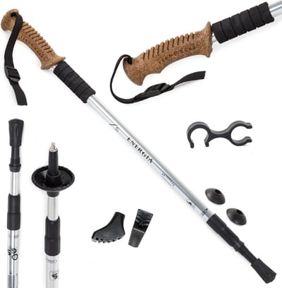 Energia Nordic Walking Wandelstokken - handvat Kurk - Zilver - Tüv gekeurd - Telescopisch en Antishock - Set van 2 stokken met clip, tas  en extra tips