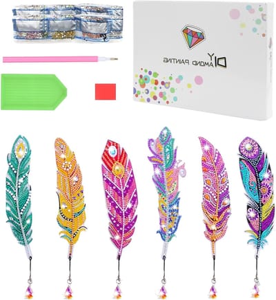 Set van 6 Diamant Schilderen Boekenleggers met Kunststof Veer en Kristallen Hanger voor DIY Creatieve Cadeaus voor Kinderen en Volwassenen