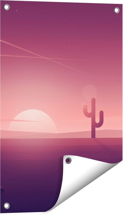 Gards Tuinposter Zonsondergang in de Woestijn met een Cactus - 40x60 cm - Tuindoek - Tuindecoratie - Wanddecoratie buiten - Tuinschilderij