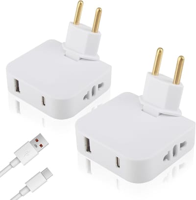 Flat Plug Meerdere Stekkerdoos met USB en Type-C, 10A 250V, 180 Graden Draaibare Aansluiting voor Thuis, Kantoor en Reizen