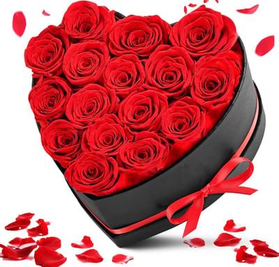 Cadeauverpakking met 16 hartvormige geconserveerde rozen - Eeuwige, echte en onsterfelijke geconserveerde rozen - Langdurige geur - Perfect cadeau voor verjaardagen, vriendinnen, moeders of echtgenotes, Valentijnsdag